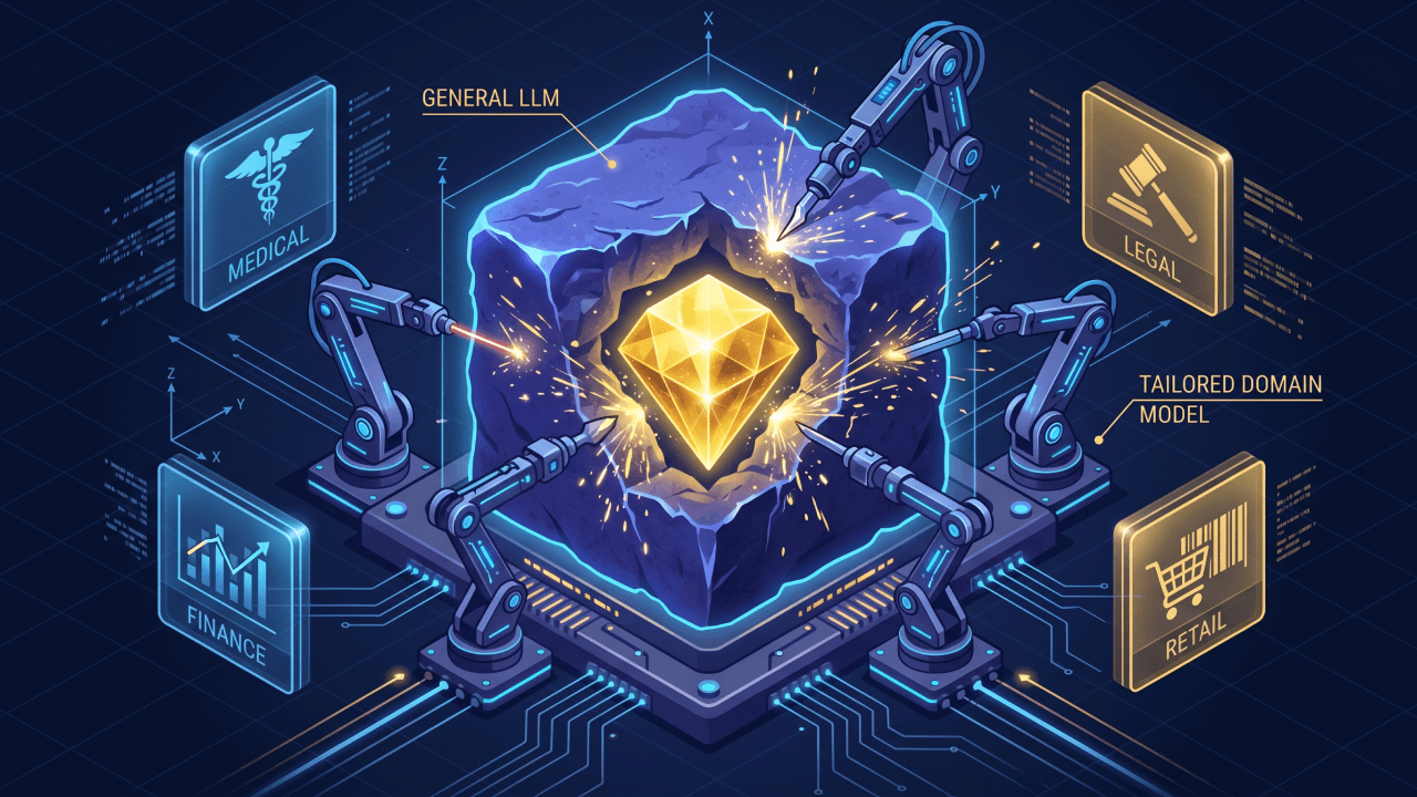 Isometric illustration of a large language model being sculpted and refined by robotic precision tools.