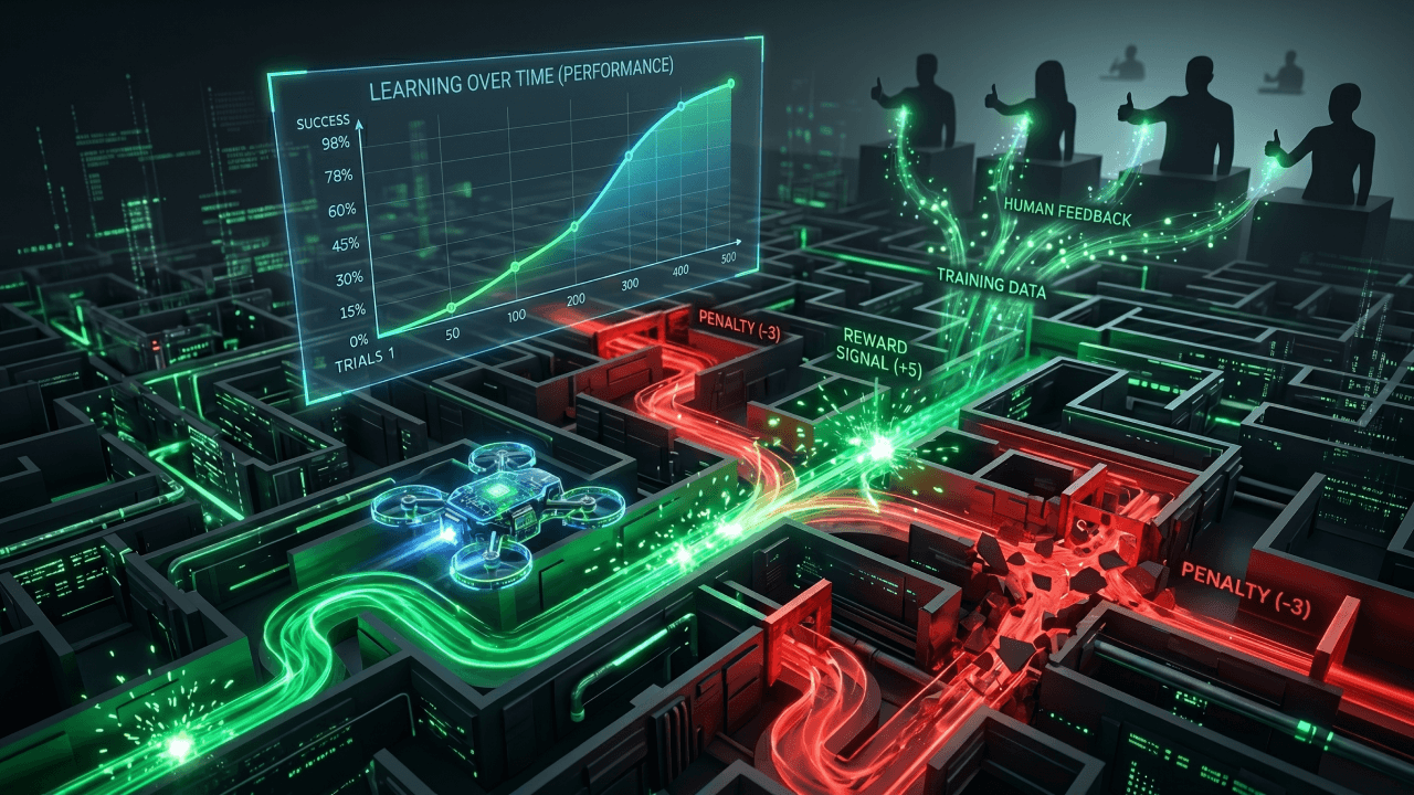 AI agent navigating a 3D maze of glowing pathways with green reward signals at each decision fork.