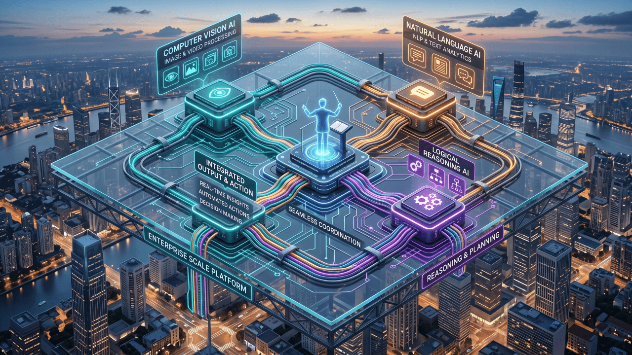 Multiple AI model nodes connected by data pipelines flowing into a central orchestration hub