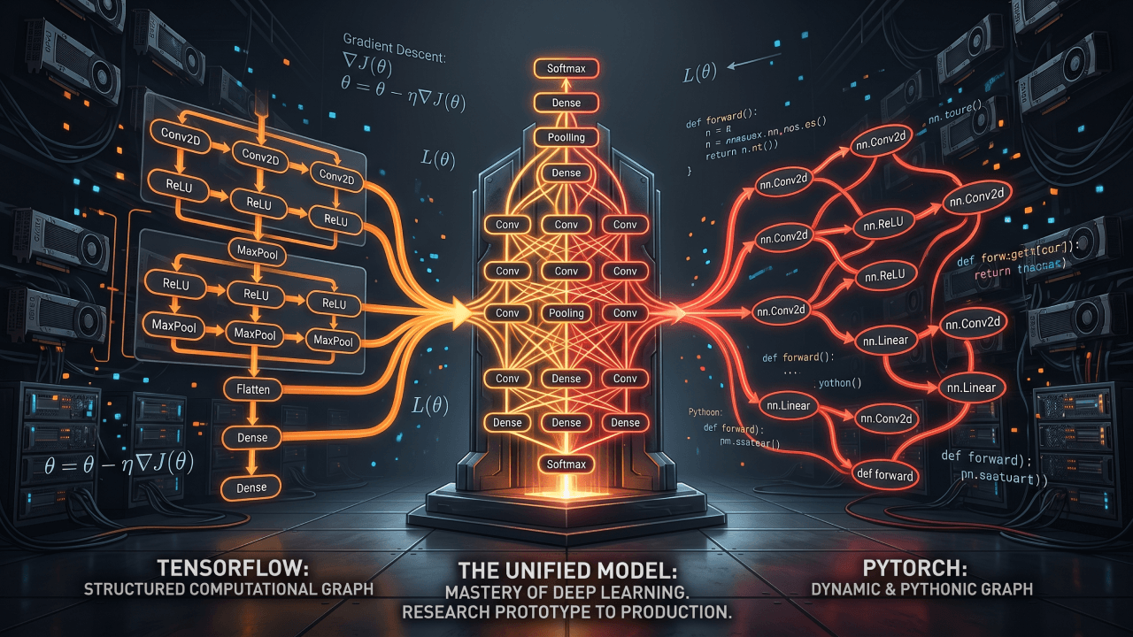 GPU clusters and gradient descent equations representing classical deep learning infrastructure powering LLM training